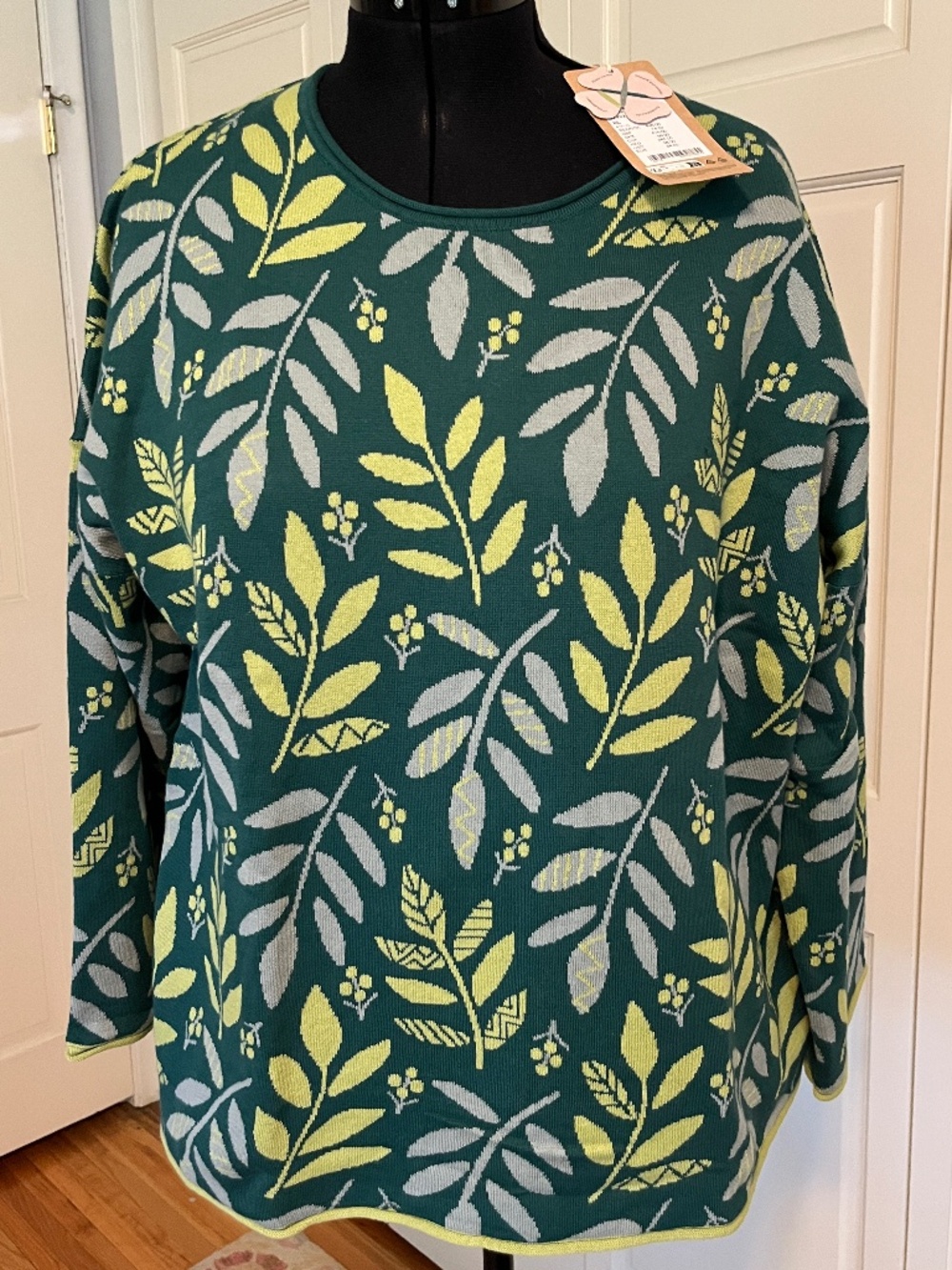 NWT! Gudrun Sjödén Ophelia Crew Neck Sweater Green Lime Grey Floral Size XL